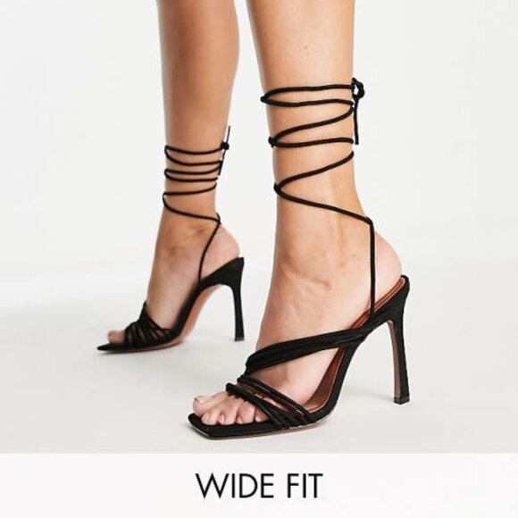 Black Strappy Lace Up Tie Wide Fit Heels - Picture 1 of 9